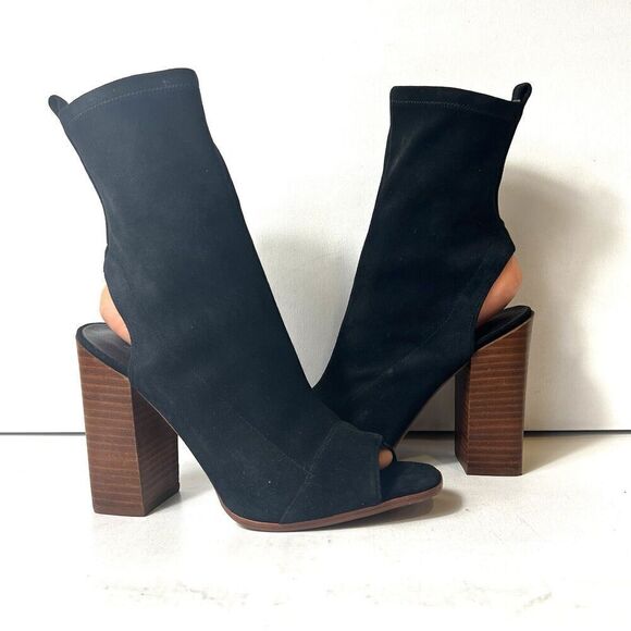 Aldo Women's Size 8 Black Suede Ultra High Heels Peep Toe Mid Calf Zip Up Bootie - Picture 4 of 10